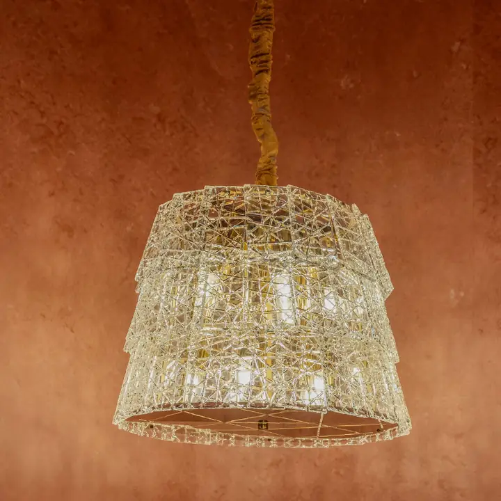 Brio chandelier with a woven crystal drum shade