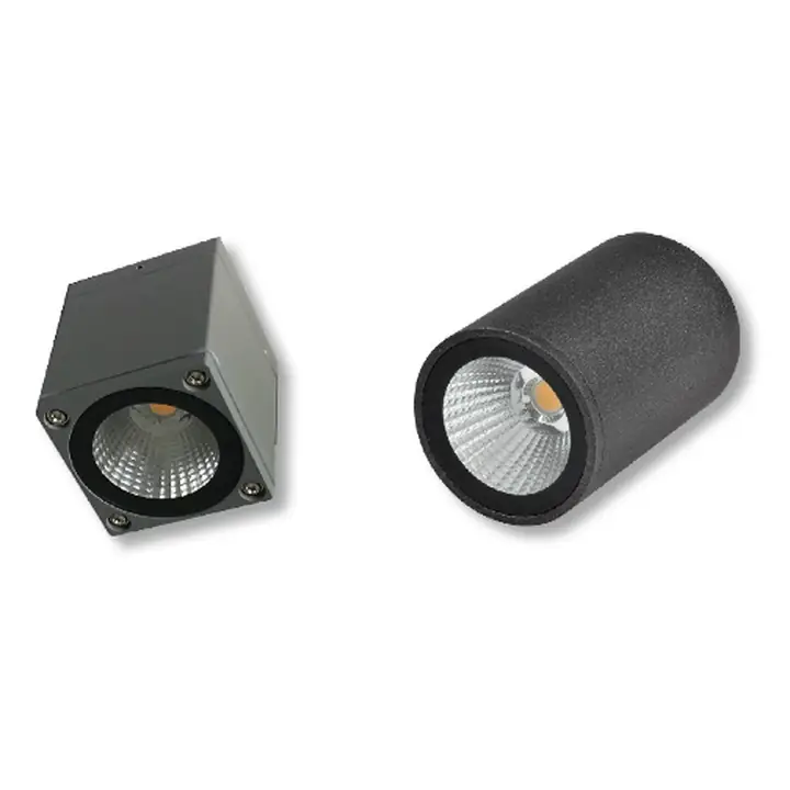 Gunter surface downlights, one square and one round, in dark grey