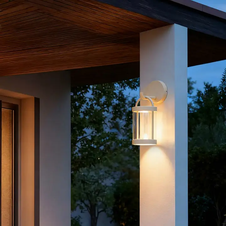 Kova lantern sconce mounted on a pale column