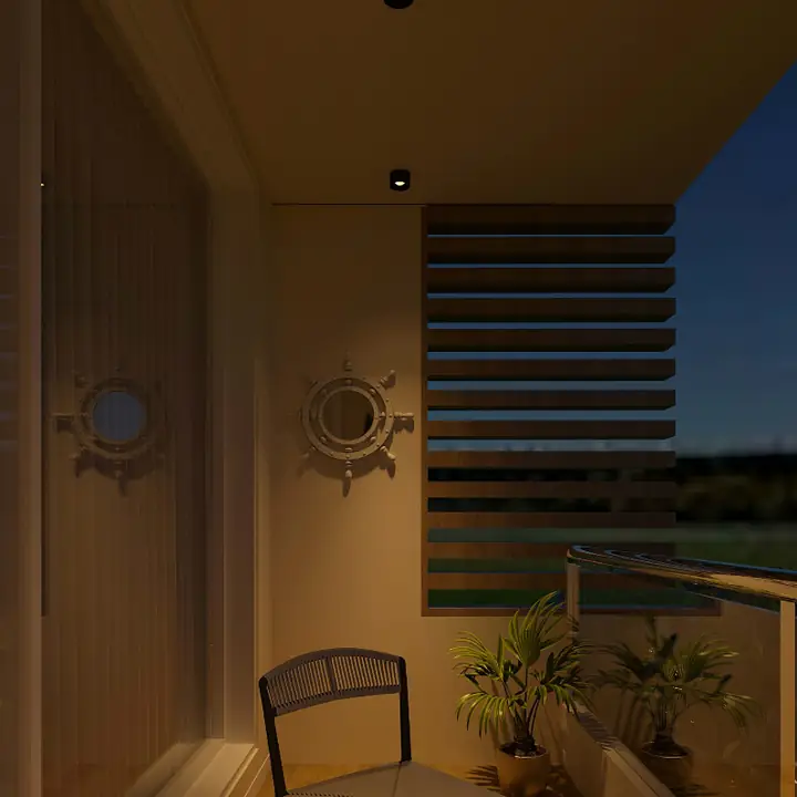 Lenn surface downlights above a covered outdoor seating area