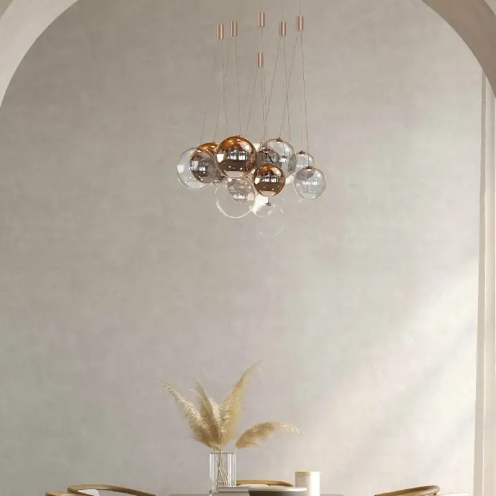 Orb pendant cluster of coffee and clear glass balloons