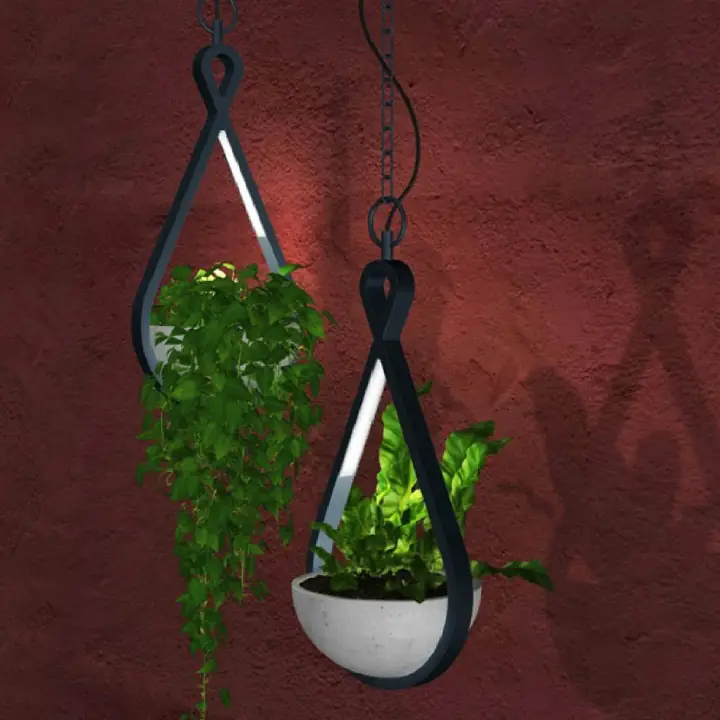Petri-H pendant holding a trailing plant against a red wall