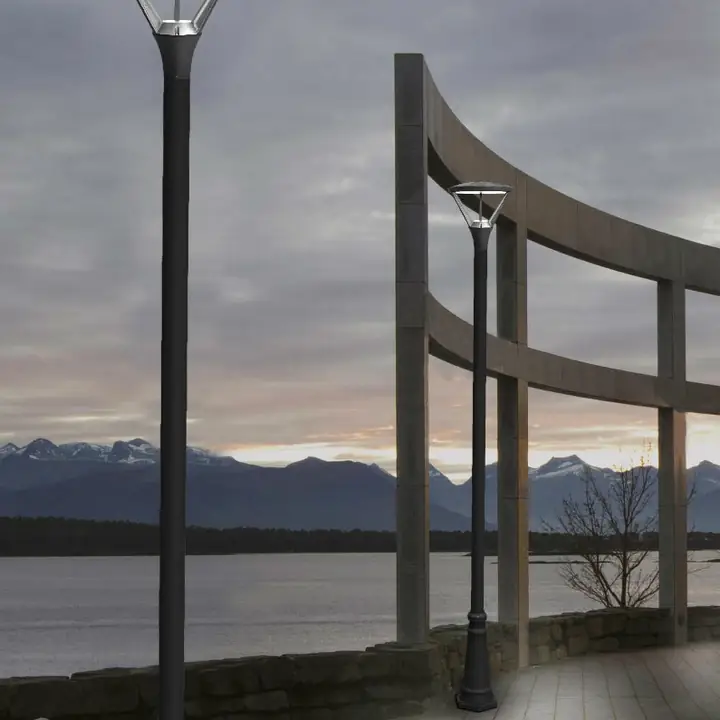 Scandia post-top luminaires silhouetted against a dusk sky